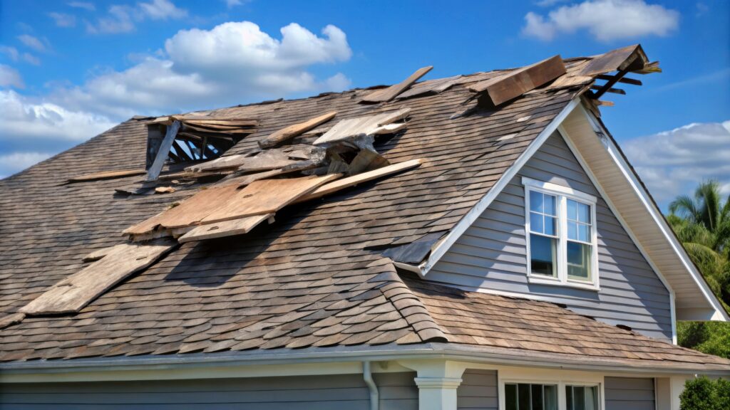 Residential home with severe roof damage exposing the interior after a storm