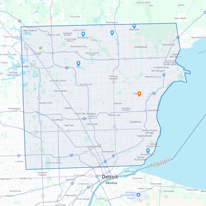 Map showing the outlined service area covered by the company across surrounding communities