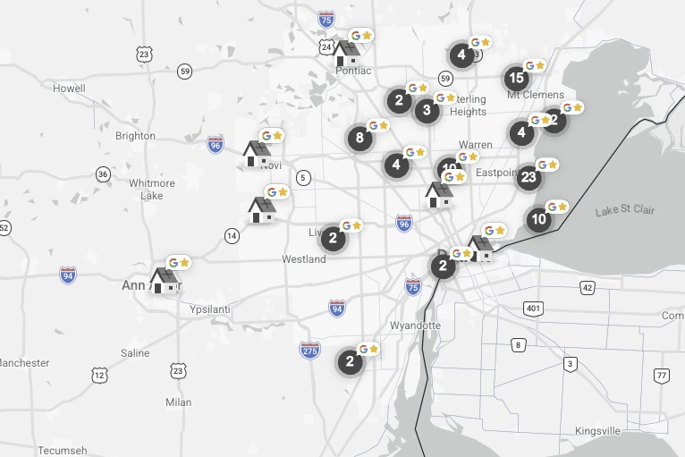 Map showing recent ConstrucTeam storm damage restoration and repair project activity across Southeast Michigan.