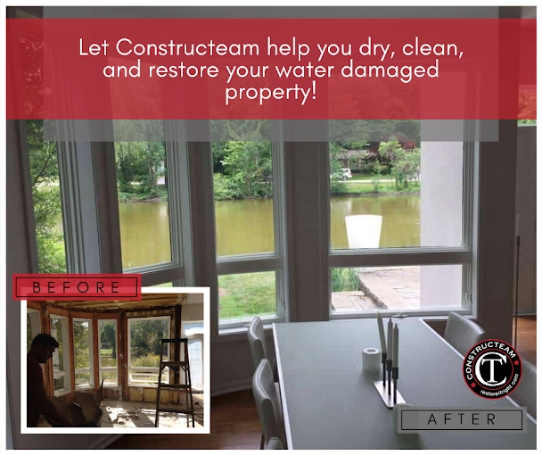 Before and after kitchen water damage restoration by ConstrucTEAM