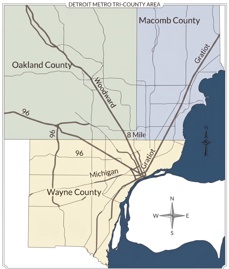 CONSTRUCTEAM service area map for Macomb, Oakland, and Wayne Counties