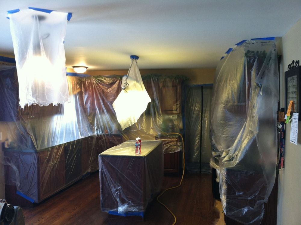 Kitchen sealed in plastic containment on a CONSTRUCTEAM job