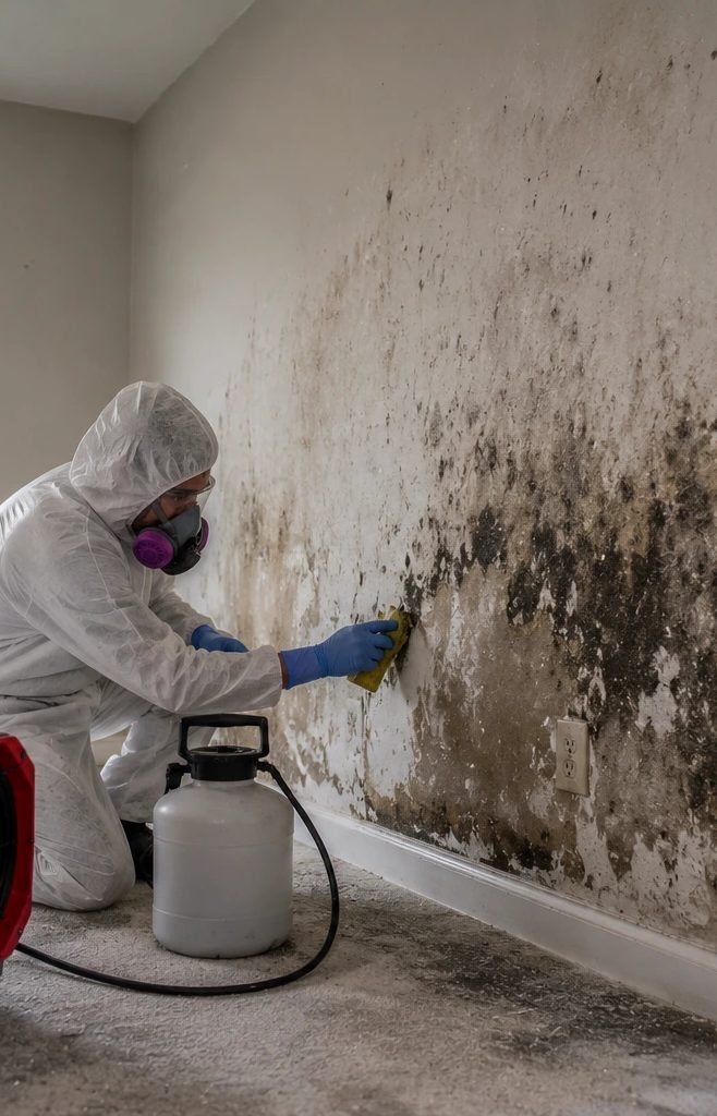 Technician in protective gear treating a moldy wall